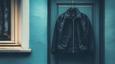 A trendy black jacket hangs casually on a striking blue door, showcasing a minimalist fashion aesthetic perfect for modern lifestyle imagery.の素材