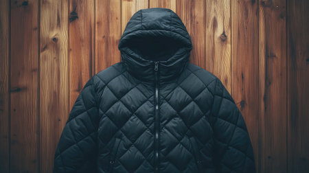 A stylish black puffer jacket with a hood, designed for warmth and comfort, hanging against a rustic wooden wall, perfect for winter fashion.の素材