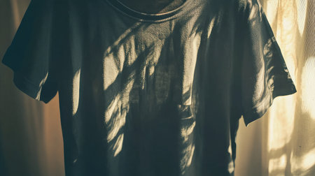A soft black t-shirt hangs in a bright window, casting intriguing shadows. The interplay of light and fabric creates a calm, minimalist atmosphere ideal for fashion photography.の素材