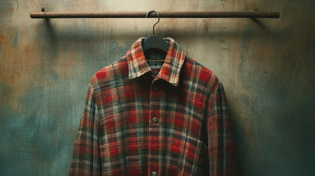 A cozy flannel jacket hangs on a wooden rack, highlighting its checkered pattern and warm colors. This image captures the essence of casual fashion.の素材