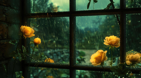 A serene scene featuring yellow roses against a rainy window, capturing nature's beauty in soft light. Ideal for themes of tranquility and romance.の素材