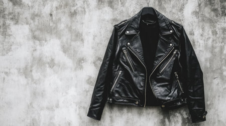 A sleek black leather jacket showcased against a textured concrete background. Perfect for fashion enthusiasts seeking a modern and edgy look.の素材