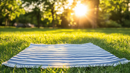 A sunlit blanket rests on vibrant green grass, creating a serene outdoor setting. Perfect for picnics, leisure, and enjoying warm summer days in nature.の素材