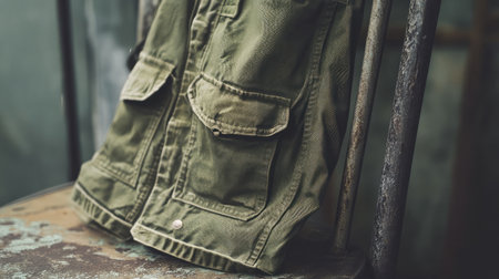 A vintage green vest displayed on a rustic chair, showcasing its unique texture and design. Perfect for fashion, lifestyle, and interior projects.の素材
