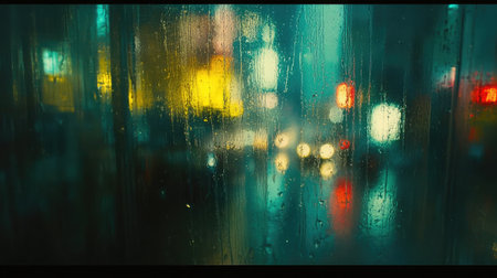 A mesmerizing view of a rainy urban scene through a window, showcasing colorful blurred lights and atmospheric reflections amidst raindrops.の素材