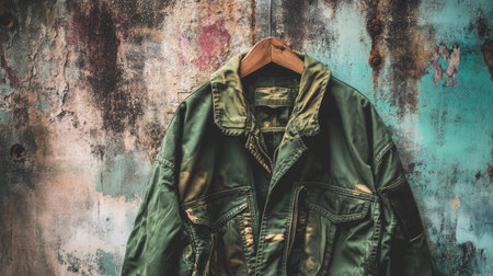 A vintage green jacket hangs against a distressed wall, showcasing its rugged texture and unique style. Perfect for fashion enthusiasts and retro decor lovers.の素材