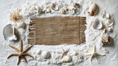 Beautiful arrangement of shells and starfish on sandy surface, perfect for coastal decor. Evokes a sense of summer and tranquility in any setting.の素材