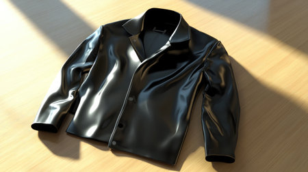 A stylish black leather jacket displayed on a wooden surface, capturing a blend of modern fashion and classic design. Ideal for apparel showcasing.の素材