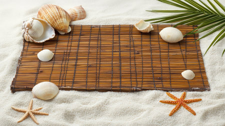 A serene beach scene featuring a bamboo mat surrounded by various shells and a starfish on soft sand. Perfect for summer and tropical themes.の素材