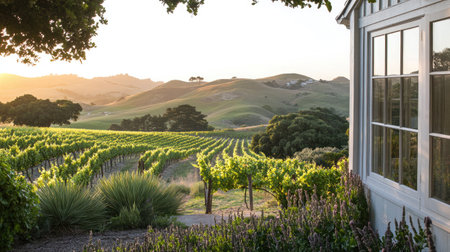 Explore the serene beauty of a vineyard landscape at sunset, showcasing lush greenery and rolling hills. Perfect for travel and nature enthusiasts.の素材