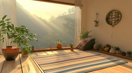 A tranquil interior scene showcasing sunlight streaming through a window, illuminating plants and a cozy rug, creating a peaceful atmosphere for relaxation.の素材