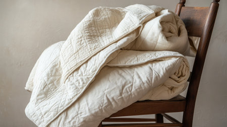 A serene arrangement of soft white blankets draped over a wooden chair, creating a cozy and inviting atmosphere ideal for home decor settings.の素材