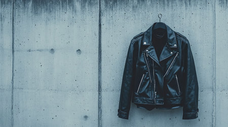 A stylish black leather jacket elegantly hangs against a concrete wall, showcasing modern fashion and urban aesthetics. Ideal for contemporary visuals.の素材