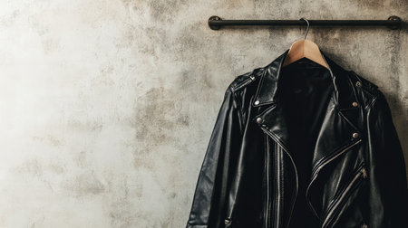 A stylish black leather jacket elegantly hanging on a wall-mounted hanger, capturing a modern and edgy fashion aesthetic perfect for trendy apparel collections.の素材