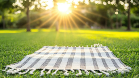 A cozy picnic blanket on lush green grass, basking in warm sunlight. This idyllic outdoor scene evokes relaxation and a connection with nature.の素材