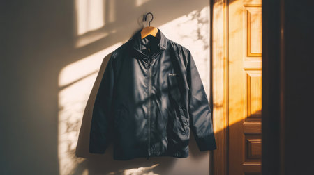 A dark jacket hangs on a wooden door, bathed in gentle sunlight. The interplay of light and shadow creates a warm and inviting atmosphere, perfect for showcasing modern fashion indoors.の素材