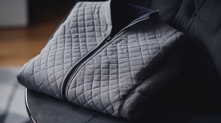 A cozy gray quilted bag rests elegantly on a modern chair, showcasing its stylish design and soft texture. Perfect for home organization or travel.の素材