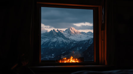 Enjoy a tranquil scene of snow-capped mountains framed by a warm fire in a cozy interior. Perfect for showcasing relaxation and nature beauty.の素材