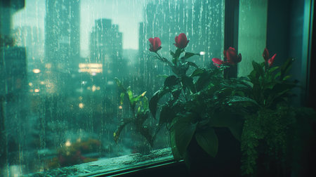 A serene rainy day view from a window featuring vibrant pink roses and a lush green plant. The soft reflections create a tranquil urban atmosphere.の素材