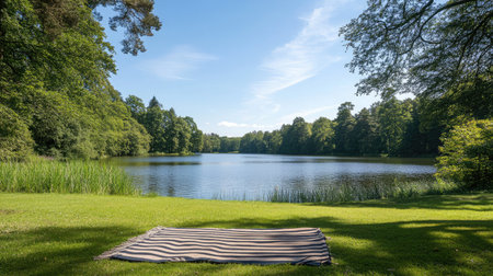 Enjoy a peaceful lakeside scene with lush greenery, clear blue skies, and tranquil waters. Perfect for relaxation or outdoor picnics in nature.の素材