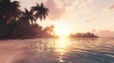 A breathtaking view of a serene tropical beach at sunrise, featuring lush palm trees, calm waters, and gentle waves, perfect for relaxation and escape.の素材