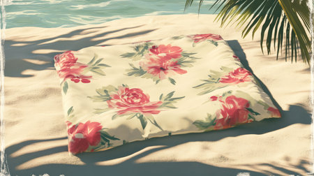 A vibrant floral blanket rests on the soft sand by the ocean. The scene captures a tranquil moment in nature, perfect for relaxation and leisure.の素材