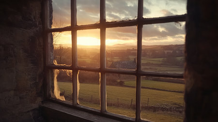 A stunning sunset view through a rustic window frame, showcasing the serene countryside landscape bathed in warm evening light and dramatic skies.の素材