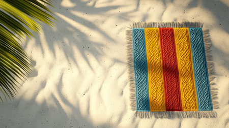 A vibrant beach blanket rests on soft sand, surrounded by gentle sunlight and palm shadows, inviting relaxation and summer adventures in a tropical setting.の素材