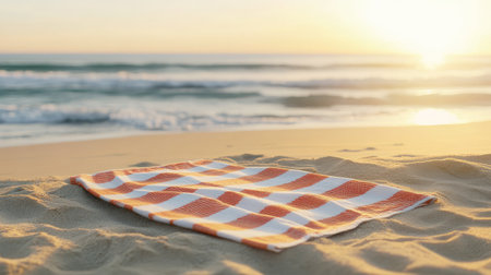 A vibrant beach towel laid on soft sand, with gentle ocean waves in the background during a stunning sunset, creating a serene and relaxing atmosphere.の素材