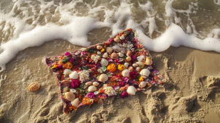 A vibrant arrangement of colorful seashells and flower petals rests on sandy shore, gently kissed by ocean waves, creating a tranquil seaside atmosphere.の素材