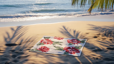 A tranquil beach scene featuring a floral towel on golden sand, gentle waves lapping at the shore, and soft shadows from palm leaves.の素材
