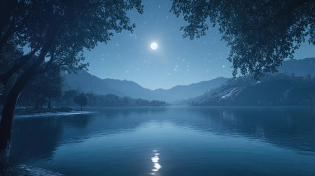 A tranquil night landscape featuring a luminous moon reflecting on a serene lake, surrounded by silhouetted mountains and gentle trees under a starry sky.の素材