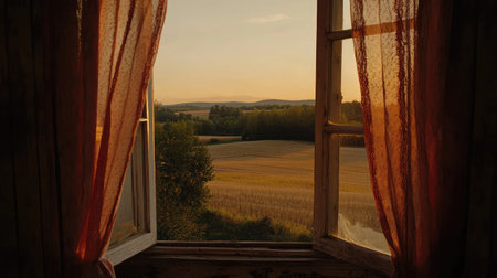 A serene sunset view from an open window showcases golden fields and a peaceful countryside landscape, inviting a sense of tranquility and relaxation.の素材