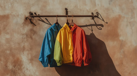 Three colorful jackets hang neatly on a rustic hook against a textured wall, showcasing vibrant hues and casual style, perfect for fashion displays.の素材
