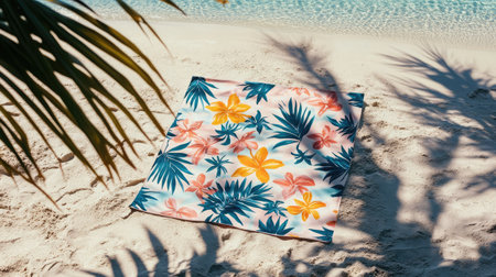 A vibrant tropical beach blanket sits on soft sand by the water's edge. Perfect for summer relaxation, this colorful design enhances any seaside experience.の素材