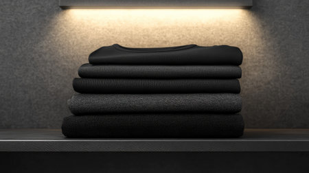 A visually appealing stack of neatly folded black clothing on a shelf, showcasing a modern and minimalistic approach to home organization and fashion display.の素材