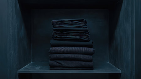 A minimalist arrangement of neatly stacked black clothing on a dark shelf, showcasing texture and simplicity in an organized wardrobe. Ideal for fashion and decor inspiration.の素材