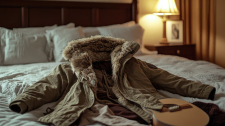 A cozy jacket laid over a bed with a guitar nearby creates a warm and inviting atmosphere. Perfect for lifestyle, comfort, and leisure themes.の素材
