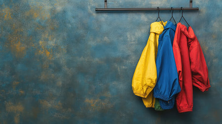 A vibrant display of colorful jackets hanging on a rack against a textured blue background, perfect for fashion-related themes and insights.の素材