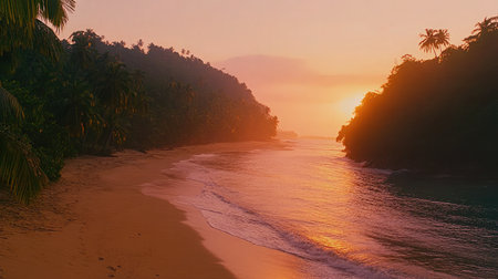 Experience the serene beauty of a tropical beach at sunset, where golden light dances across gentle waves and palm trees silhouette against the warm horizon.の素材