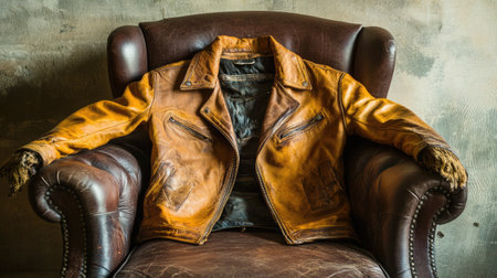A vintage leather jacket elegantly draped over a brown armchair, showcasing a cozy and stylish atmosphere perfect for interior design themes.の素材