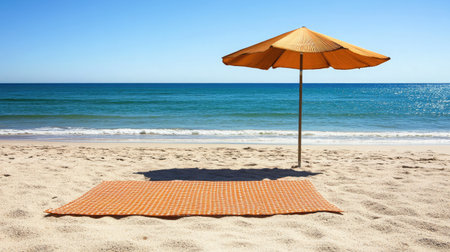 Relax at this serene beach scene featuring a vibrant yellow umbrella and a checked mat on golden sand, complemented by a calm ocean view.の素材