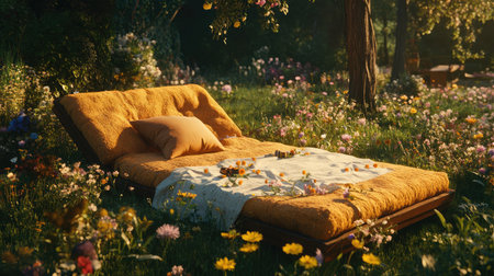 Discover a cozy outdoor retreat featuring a vibrant setting with colorful flowers and a comfortable bed. Ideal for relaxation and tranquility.の素材