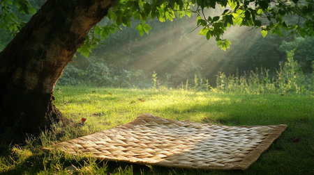 This tranquil scene features soft sunlight filtering through lush green leaves, illuminating a woven mat on a grassy field, perfect for relaxation.の素材