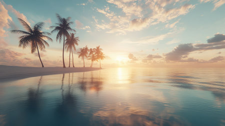 Experience the serene beauty of a tropical sunset, with palm trees framing the golden sky. Perfect for evoking relaxation and tranquility in your projects.の素材