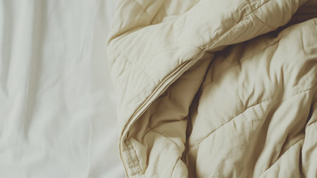 A soft, neutral bedding display featuring a quilted blanket draped elegantly on a cozy bed. Perfect for creating a warm and inviting atmosphere in any home.の素材