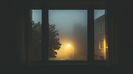 A serene view from a window showcasing a foggy night. Streetlight illuminates the scene, creating a tranquil and mysterious atmosphere in an urban setting.の素材