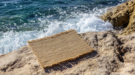 A rustic mat rests on rocky terrain beside the ocean, with gentle waves lapping at the shore. The scene captures the beauty of nature and tranquility.の素材