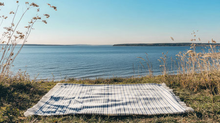 A serene lake view featuring a picnic blanket laid on green grass, surrounded by nature's beauty and the calming blue water under a clear sky.の素材