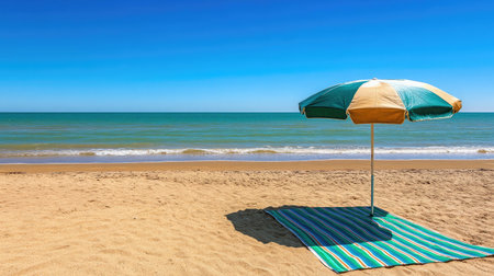 A serene beach scene featuring a colorful umbrella on golden sand, pristine ocean waves, and a clear blue sky, perfect for relaxation and escape.の素材